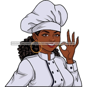 Afro Mujer Chef Culinaria Melanina Uniforme Ocupación Cocina Trabajo Cocina Gourment JPG PNG Diseños Clipart Cricut Silueta Corte Corte