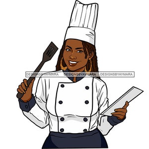 May include: A Black female chef wearing a white chef's hat and a white chef's jacket with black buttons. She is holding a spatula in her left hand and a white notepad in her right hand. She is smiling.