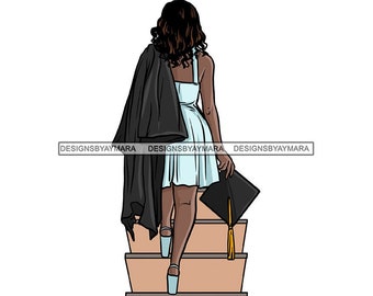 May include: A woman in a blue graduation dress and black gown walks up a set of stairs, holding a black graduation cap.