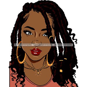 May include: Digital illustration of a Black woman with long, dark brown braids, wearing gold hoop earrings and a gold necklace with a gemstone pendant. She is wearing a pink shirt.