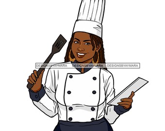 Afro Woman Chef Ocupación Culinaria Cocina Trabajo Empresa Gourment SVG JPG PNG Vector Clipart Cricut Silhouette Circuit Corte