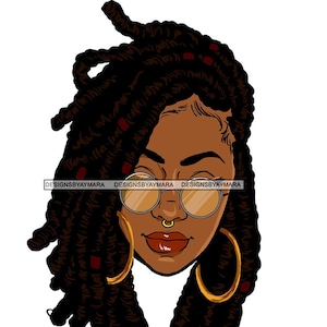 May include: Illustration of a Black woman with brown skin, wearing gold-rimmed sunglasses, a nose ring, and large hoop earrings. Her hair is styled in dark brown locs with red accents. The image includes the text "DESIGNSBYAYMARA".
