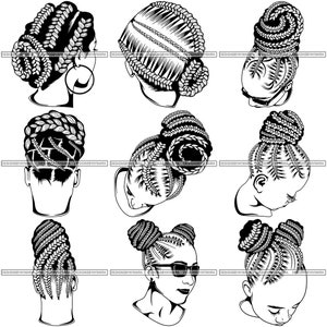 Bundle 9 Afro Woman Braids SVG Black Power Strong Goddess Melanin Lady Nubian African American .JPG.PNG Vector Clipart Circuit Cut Cutting