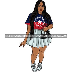 May include: A woman with long black braids is wearing a blue, red, and white t-shirt with a star and a circle design. She is also wearing a white skirt and black shoes. She is holding a small black purse.
