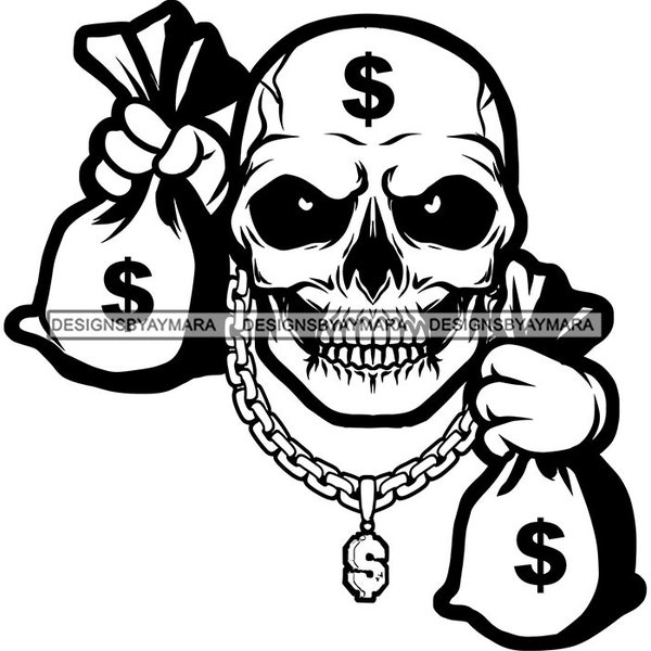 Hustler Skull Man Cartoon Character Holding Money Bags Gold Chain Grind Skeleton Death Tattoo SVG PNG JPG Cutting Files Print Cricut Designs