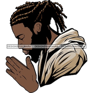 Afroamerikaner Schwarzer Mann Betende Gott Dreadlocks Haar Beten Gebet Anbetung Glaube Religiöse Person SVG PNG Art Sublimation Cut Designs Print