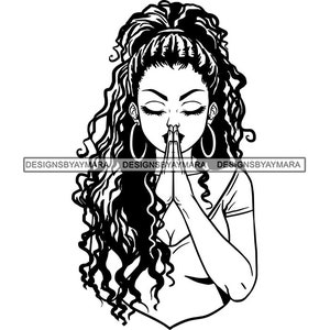 Femme noire afro-américaine fille dame priant Dieu prière priez foi mélanine Religion nubienne SVG PNG JPG Vector Clipart Circuit coupe coupe