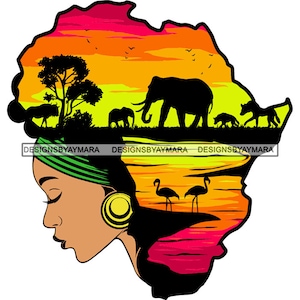 Safari Dea Africa Continente Savana africana Melanina nubiana Donna afroamericana SVG PNG JPG Clipart vettoriale Cricut Taglio del circuito