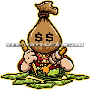 Saco de dinheiro Cabeça Homem Personagem de desenho animado Cortando dinheiro Ouro Utensílios de cozinha Hustler Boy Grind Hip Hop SVG PNG Sublimação Corte Designs Imprimir