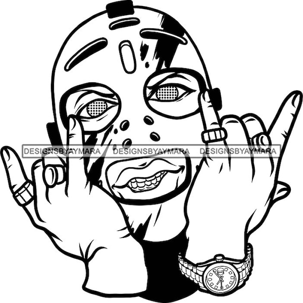 Creepy Gangster Man Wearing Hockey Mask Horror Spooky Scary Mafia Evil Eyes Gold Rings Watch Monster SVG PNG JPG Print Cutting Vector Design