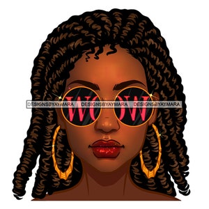 Mooie Afrikaanse vrouw portret Wow ronde zonnebril hoepels oorbellen zus Locs Dreads vlechten kapsel PNG JPG snijden sublimatie ontwerpen