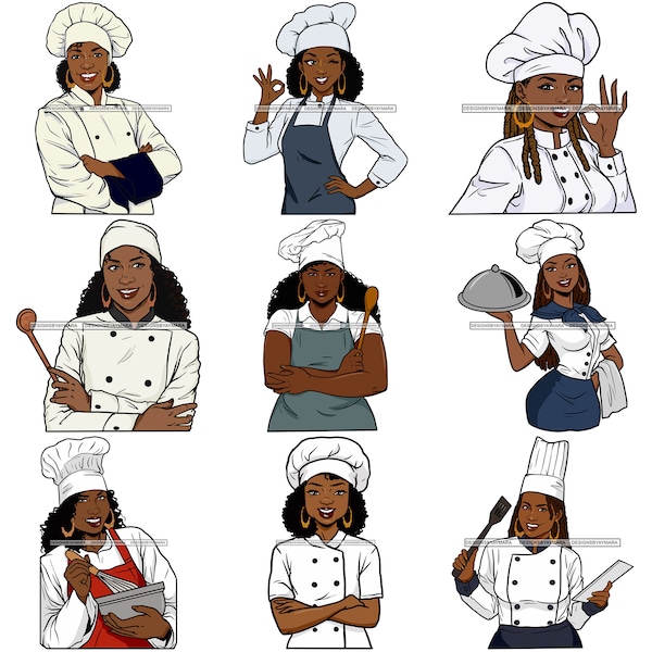 Bundle 9 Afro Woman Chef Culinary Occupation Job Business Kitchen Gourment SVG JPG PNG Vector Clipart Cricut Silhouette Circuit Cut Cutting