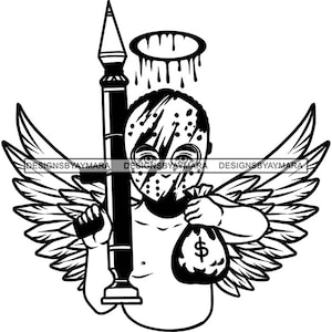 Gangster Griezelige Baby Boze Engel Dragen Hockey Masker Bazooka Geld Zak Stiches Littekens Bloed Vleugels SVG PNG JPG Print Cut Vector Ontwerpen