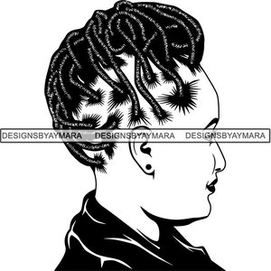 May include: Black and white line art illustration of a person with short, spiky dreadlocks. The person is facing to the right and has a simple, stylized face.