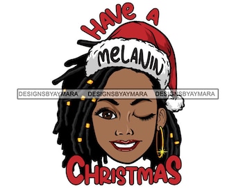 Afro Lola Have A Melanin Christmas Hat Winky Eyes Winter Clothes Dreads Hairstyle SVG JPG PNG Designs Clipart Cricut Silhouette Cut Cutting