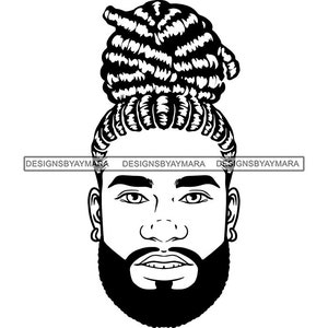 African American Man Face Portrait Dreadlocks Locs Hair Bearded Beard Updo Hair Handsome Black Male Vector Designs SVG PNG JPG Cut Files