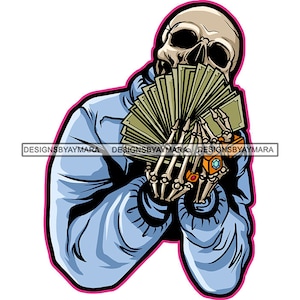 Hustler Skull Man Cartoon Character Holding Money Skeleton Death Grind Tattoo Blue Sweater SVG PNG JPG Cutting Files Print Cricut Designs