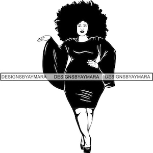 May include: Black and white silhouette of a woman with an afro hairstyle wearing a long-sleeved dress. The woman is standing with her arms outstretched and her head tilted slightly to the side.