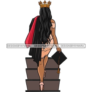 Graduación Mujer Subiendo Escaleras Reina Vestido Gorra Graduado Ceremonia Escuela Collage Estudiante Diploma SVG PNG JPG Impresión Corte Diseños vectoriales