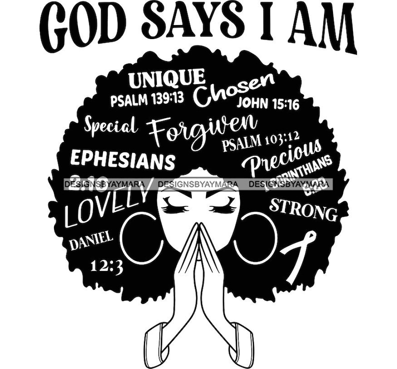 Puede incluir: Ilustraci&oacute;n en blanco y negro de una mujer con un peinado afro. El afro est&aacute; lleno de palabras y vers&iacute;culos b&iacute;blicos, incluyendo "Dios dice que soy", "&Uacute;nico", "Elegido", "Especial", "Perdonado", "Efesios", "Preciado", "Adorable", "Fuerte", y "Daniel 12:3".
