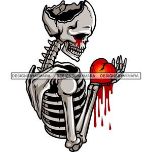 Cráneo Esqueleto Con el corazón roto Sosteniendo Corazón roto Lágrimas de lágrimas Dolor Hueso humano Muerte devastada SVG PNG JPG Diseños de vectores de corte de impresión