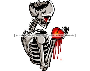 Cráneo Esqueleto Con el corazón roto Sosteniendo Corazón roto Lágrimas de lágrimas Dolor Hueso humano Muerte devastada SVG PNG JPG Diseños de vectores de corte de impresión
