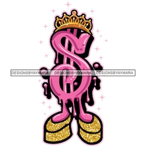 Queen Cute Money Sign Dripping Cartoon Character Style Crown Royal Dollar Pink Hustler Grind Royalty Vector Designs SVG PNG JPG Cut Files