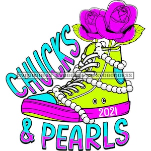 May include: A lime green high-top sneaker with a pink and blue trim. The sneaker has a pearl necklace wrapped around it and a pink and purple rose on top. The text "Chucks & Pearls 2021" is written below the sneaker.