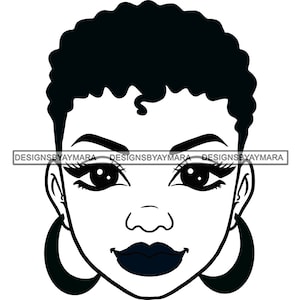 May include: Black and white line art illustration of a woman's face with short curly hair and large hoop earrings. The woman has a neutral expression with her lips closed.