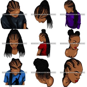Bundle 9 Afro Women Braids Hairstyle Melanin Nubian African American Woman Cornrows Box Braids SVG JPG PNG Vector Clipart Cricut Cut Cutting