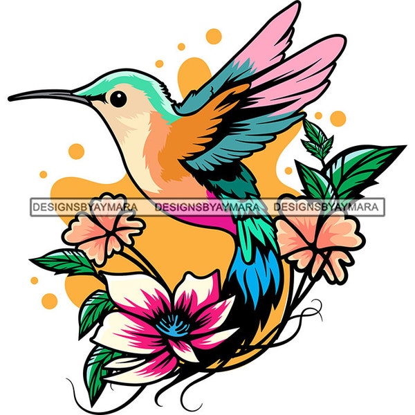 Hummingbird Flying Colorful Flowers Bird Nature Wildlife Green Animal Feather Wing Exotic Colibri SVG PNG Art Sublimation Cut Designs Print