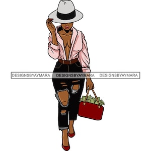 May include: A woman wearing a pink shirt, ripped jeans, a white fedora, and red heels. She is carrying a red handbag with cash inside.