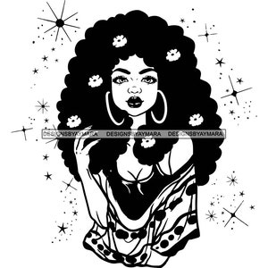 Melanin Pretty Woman Flowers Sparkles Cute Outfit Afro Hair Nubian Cartoon Character Girl SVG JPG PNG Vector Clipart Cricut Silhouette Cut