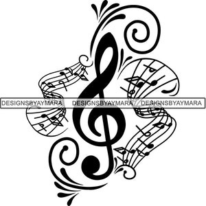 May include: Black and white illustration of a treble clef with musical notes and swirls. The design is perfect for music lovers and musicians.