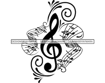 Peut inclure: Illustration en noir et blanc d'une clé de sol avec des notes de musique et des volutes. Le motif est parfait pour les mélomanes et les musiciens.