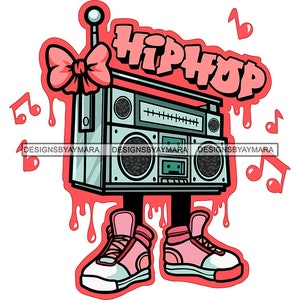 Hip Hop Girly Boombox Radio Cartoon Character Retro Music Notes Stereo Speakers Female Sneakers Bow Vector Designs SVG PNG JPG Cut Files