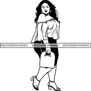 May include: Black and white line art illustration of a woman with long hair wearing a blouse and skirt, holding a handbag. The woman is walking and smiling.