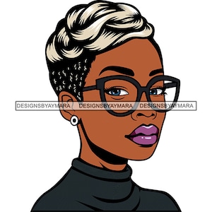 Melanin Woman Face Short Hairstyle Blonde Hair Highlights Wearing Fashion Glasses Flawless Nubian SVG PNG Art Sublimation Cut Designs Print
