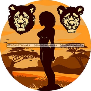 African American Woman Lion Lioness Safary Nature Tree Africa Continent Background Black Lady SVG PNG JPG Cutting Files Print Cricut Designs