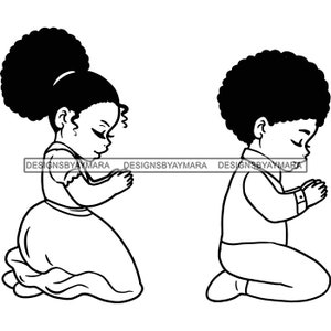 Black Kid Praying God Lord Baby Girl Boy Gebeden knielend Kind Afro-Amerikaanse SVG JPG JPG Jpg Vector Clipart Cricut Silhouet Snijden