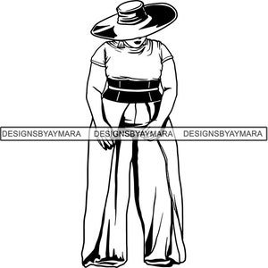 May include: Black and white line art illustration of a person wearing a wide-brimmed hat and trousers.