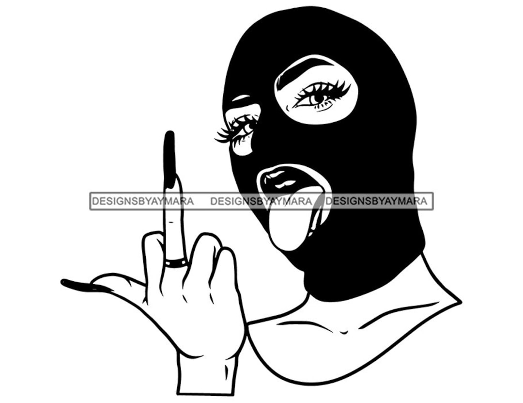 Gangster Woman Ski Mask Facemask Burglar Middle Finger Mean Gesture