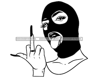 Gangster Woman Ski Mask Facemask Ladrón Dedo medio Mean Gesture Tongue Out Ghetto Street Girl Sublimation Designs SVG PNG JPG Cutting