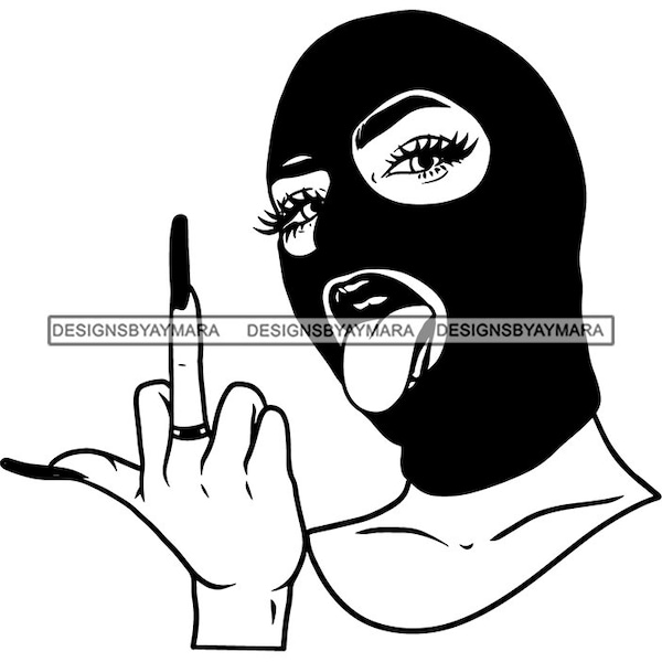 Gangster Woman Ski Mask Facemask Burglar Middle Finger Mean Gesture Tongue Out Ghetto Street Girl Sublimation Designs SVG PNG JPG Cutting