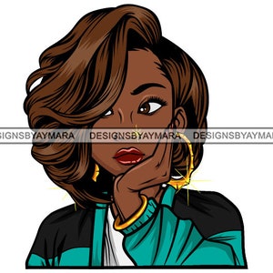 May include: A digital illustration of a woman with brown hair and brown eyes. She is wearing a teal and black jacket and has large gold hoop earrings. Her hair is styled in a curly updo.