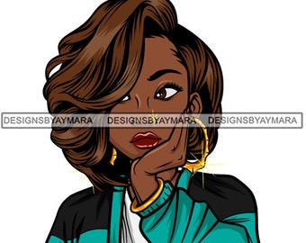 May include: A digital illustration of a woman with brown hair and brown eyes. She is wearing a teal and black jacket and has large gold hoop earrings. Her hair is styled in a curly updo.