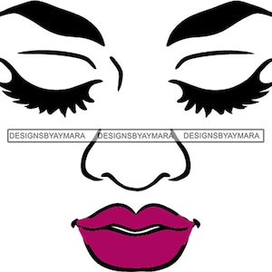 Afro Woman SVG Close Eyes Make Up Model Lippenstift Lippen Augenbraue Lange Wimpern Piercing JPG PNG Vektor Clipart Cricut Silhouette Cut Cutting