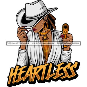 Donna cowgirl senza cuore che indossa il cappello da cowboy che tiene la pistola gangster Hustler Boss Lady Hustle Hip Hop Rap SVG PNG JPG Cut File Vector Designs