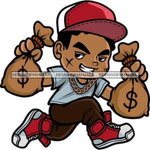 Hustler Ten Boy Running Carrying Money Bags Baseball Hat Bank Dollar Cash Hustle Dope Boy Scarface Vector Designs SVG PNG JPG Cut Files