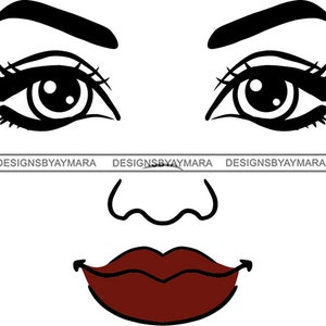 Vrouw Gezicht SVG Grote Ogen Make Up Model Lipstick Lippen Wenkbrauw Lange Wimpers Portret JPG PNG Vector Clipart Cricut Silhouet Snijden